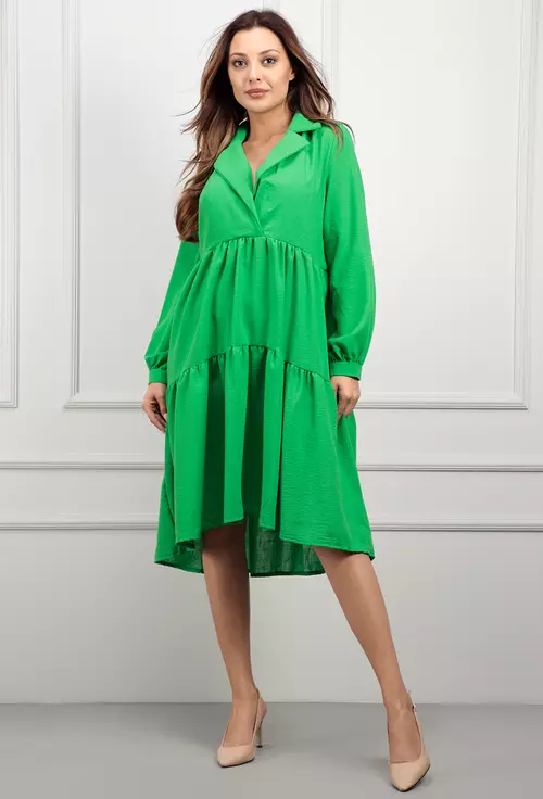 Rochie verde cu volane late si maneci lungi