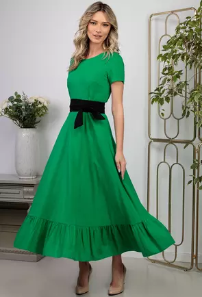 Rochie verde din in cu buzunare