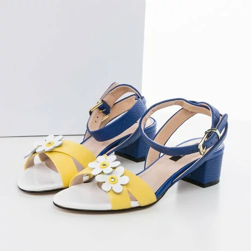Sandale albastre cu galben si model floral din piele naturala Sasha