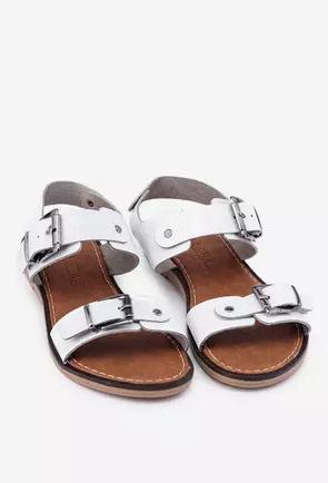 Sandale albe din piele cu doua catarame