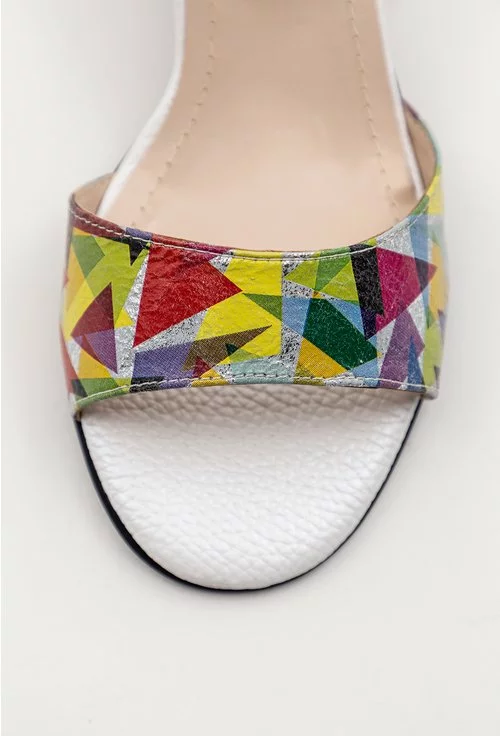 Sandale albe din piele naturala cu imprimeu colorat