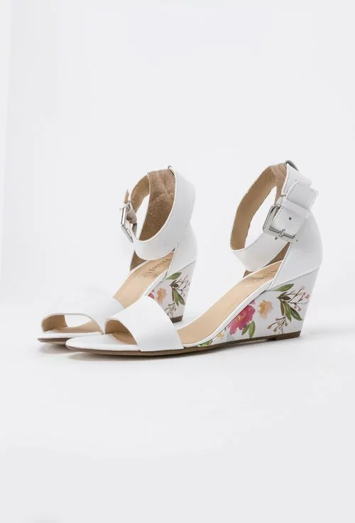 Sandale albe din piele naturala cu platforma cu imprimeu floral Elsa
