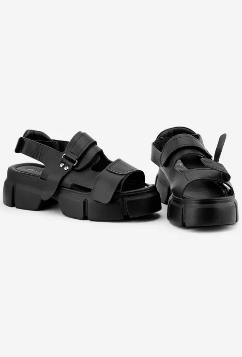 Sandale Alura negre din piele cu inchidere scai