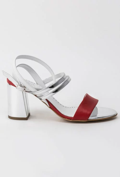 Sandale argintii din piele naturală in combinatie cu roșu și alb Elys
