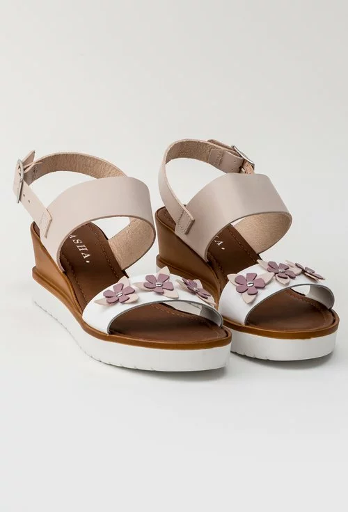 Sandale bej cu alb din piele naturala cu platforma Flower