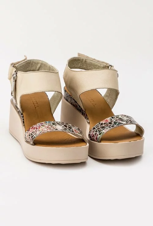 Sandale bej din piele naturala cu imprimeu geometric colorat Daria