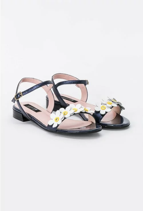 Sandale bleumarin cu flori albe din piele naturala Mirana