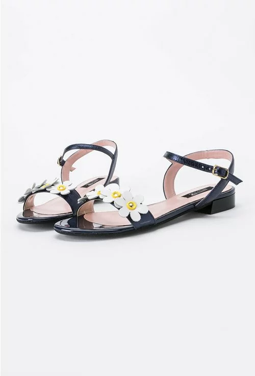 Sandale bleumarin cu flori albe din piele naturala Mirana