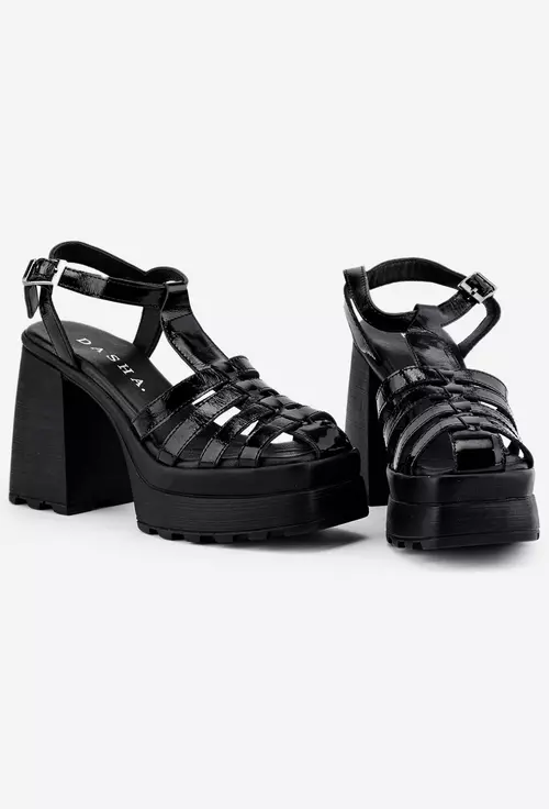 Sandale dama negre din piele lacuita cu platforma si toc gros
