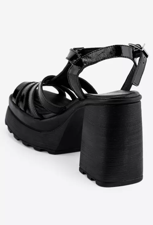 Sandale dama negre din piele lacuita cu platforma si toc gros