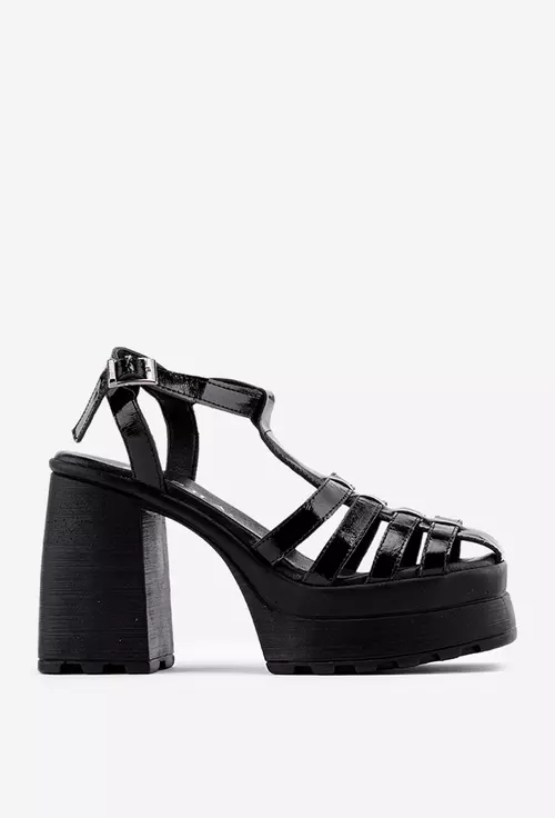 Sandale dama negre din piele lacuita cu platforma si toc gros