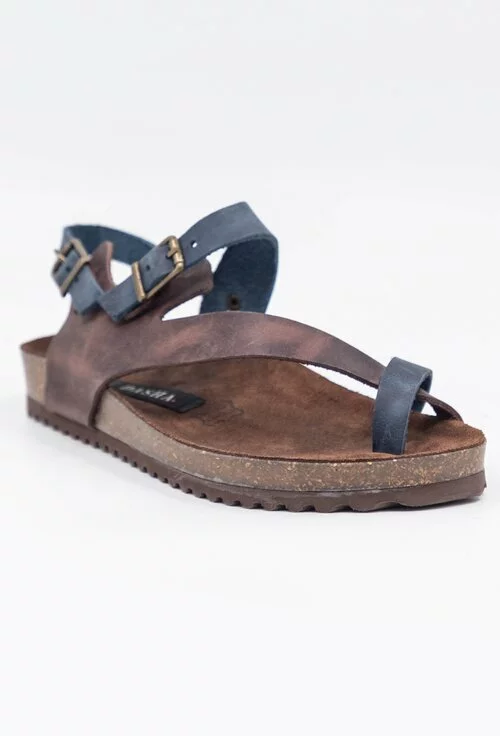 Sandale din piele in nuante de maro si bleumarin