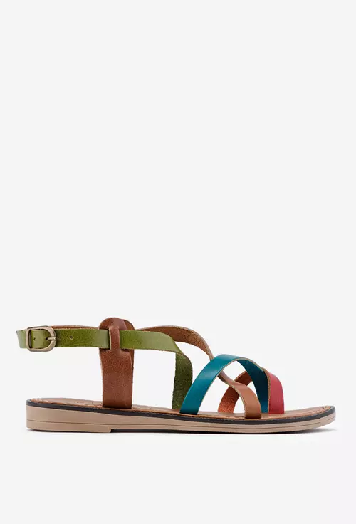 Sandale din piele maro cu detalii multicolore