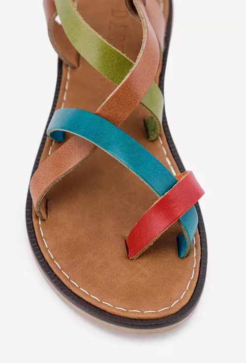 Sandale din piele maro cu detalii multicolore