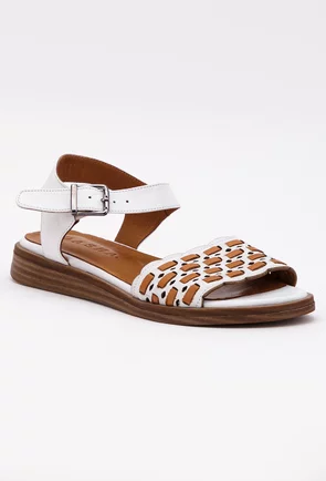 Sandale din piele naturala albe cu detalii maro