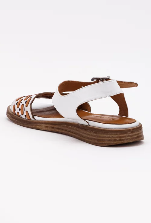 Sandale din piele naturala albe cu detalii maro