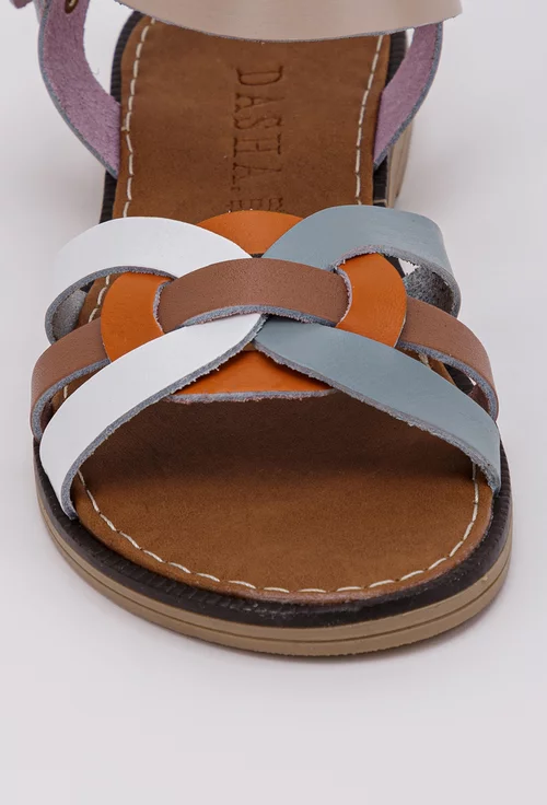 Sandale din piele naturala taupe cu detalii multicolore