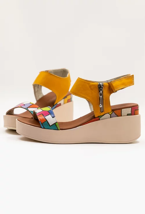 Sandale galben-mustar din piele naturala cu imprimeu geometric colorat Corinne