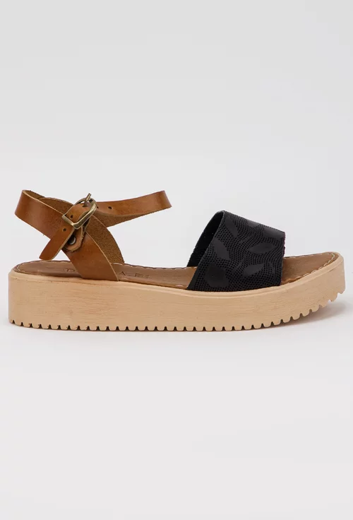 Sandale maro cu negru si model din piele naturala