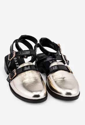 Sandale negre cu auriu din piele cu varf acoperit