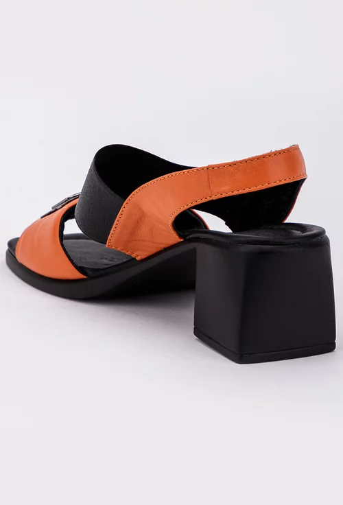 Sandale negre cu portocaliu cu toc gros realizate din piele
