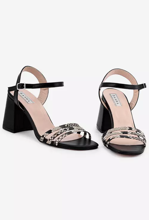 Sandale negre din piele cu detaliu snake print