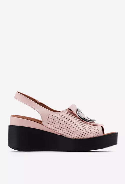 Sandale roz pal din piele perforata cu platforma neagra