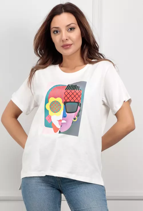 Tricou alb asimetric cu imprimeu