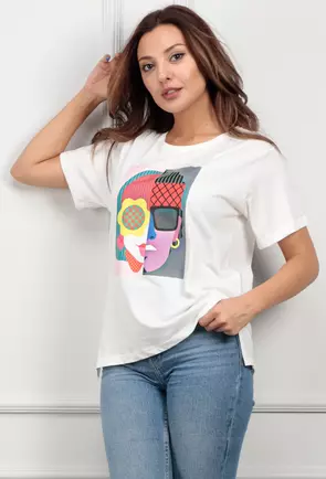 Tricou alb asimetric cu imprimeu