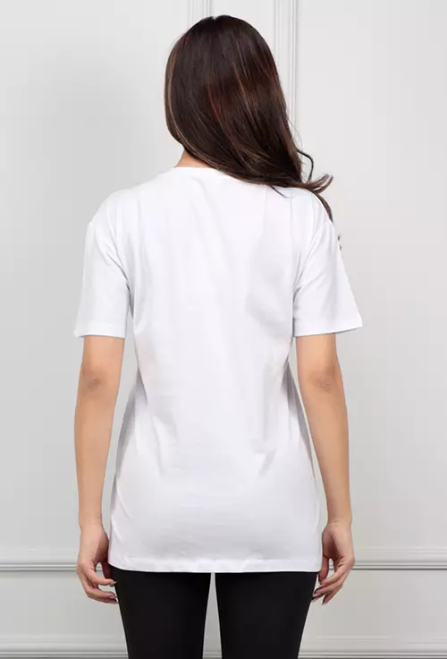 Tricou alb cu imprimeu chip accesorizat cu strasuri