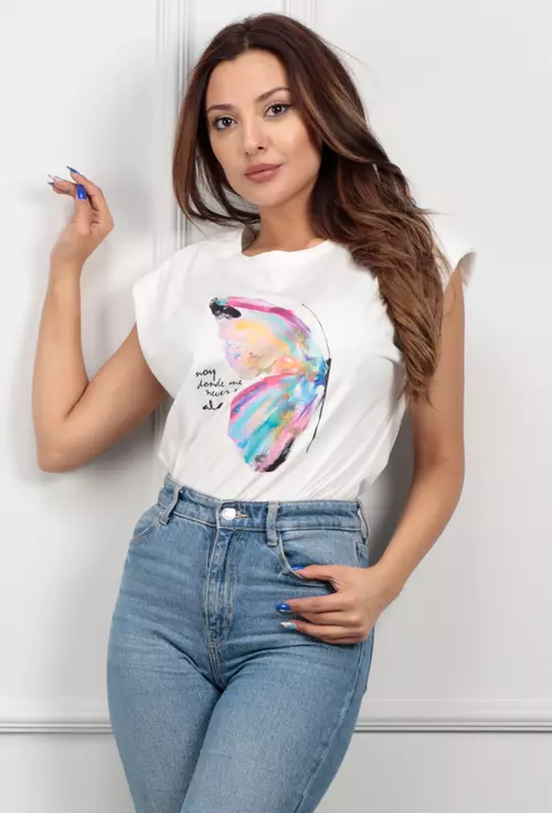 Tricou alb cu imprimeu fluture multicolor