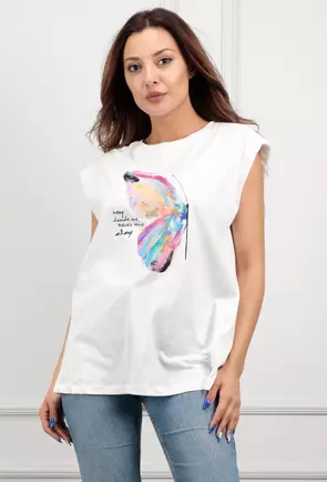 Tricou alb cu imprimeu fluture multicolor