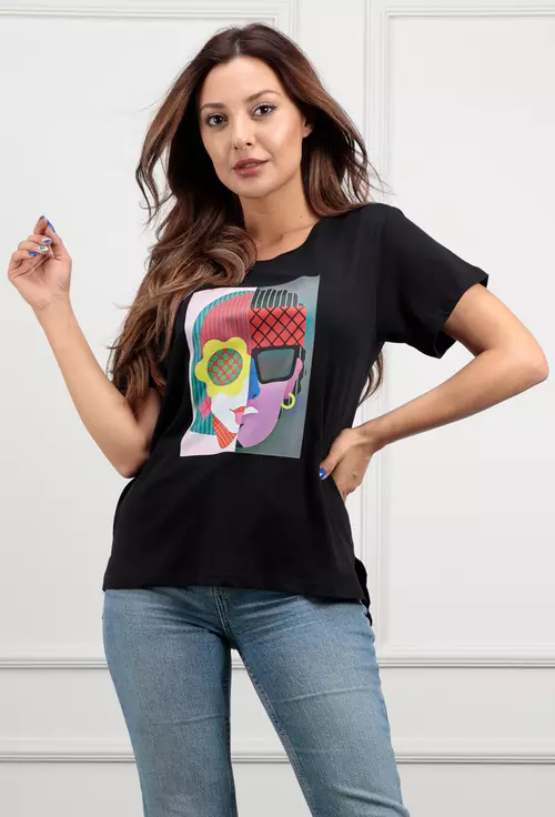Tricou negru asimetric cu imprimeu