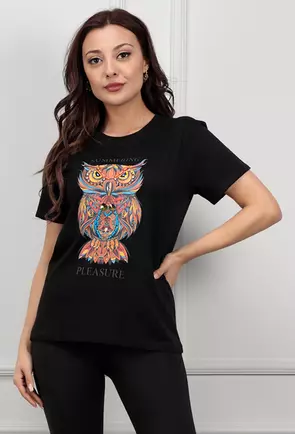 Tricou negru cu imprimeu bufnita