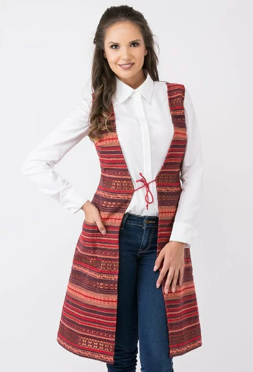 Vesta lunga din bumbac cu model traditional multicolor Clariss