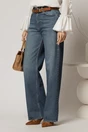 Blugi albastri din denim cu croi evazat si talie inalta, 1, dyfashion.ro