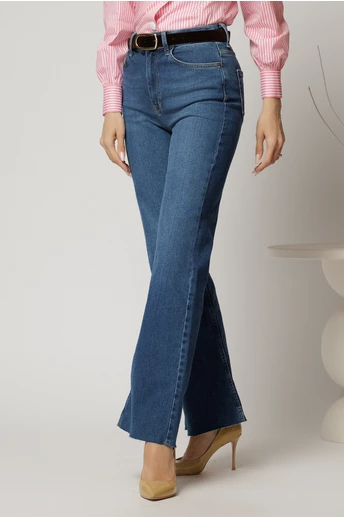 Blugi albastri din denim cu talie inalta si croi evazat