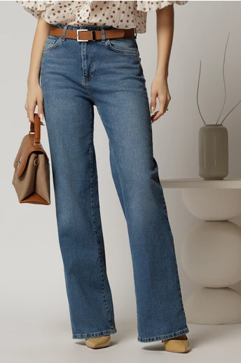 Blugi dama albastri cu croi larg si curea in talie