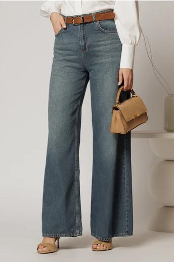 Blugi dama albastru denim cu croi larg si curea in talie