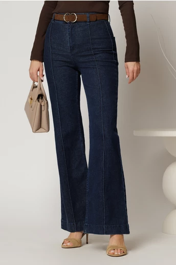 Blugi dama bleumarin cu croi evazat si curea in talie