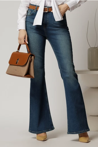 Blugi dama bleumarin evazati din denim cu talie inalta