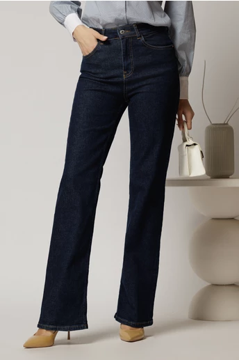 Blugi dama evazati bleumarin inchis cu talie inalta