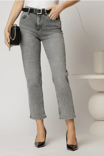 Blugi dama gri cu croi mom fit si curea in talie