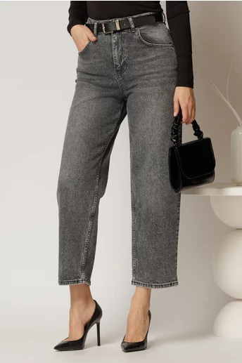 Blugi dama gri cu talie inalta si croi mom fit