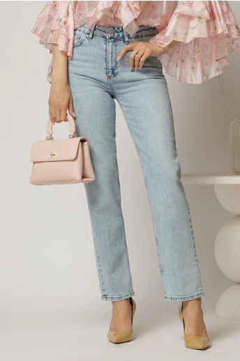 Blugi dama mom fit bleu cu aspect prespalat