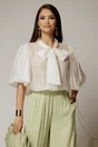 Bluza alba cu dungi din tencel cu maneci bufante si guler funda, 1, dyfashion.ro