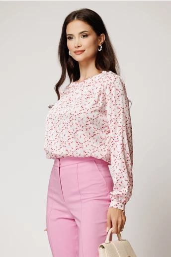 Bluza alba cu flori roz eleganta din voal satinat cu perle pe umar