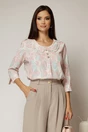 Bluza alba cu imprimeuri roz cu nasturi decorativi si guler rotund incretit, 1, dyfashion.ro