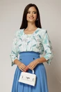 Bluza alba cu imprimeuri verde mint cu nasturi decorativi si guler rotund incretit, 1, dyfashion.ro