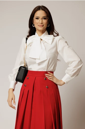 Bluza alba din poplin cu esarfa tip funda la gat